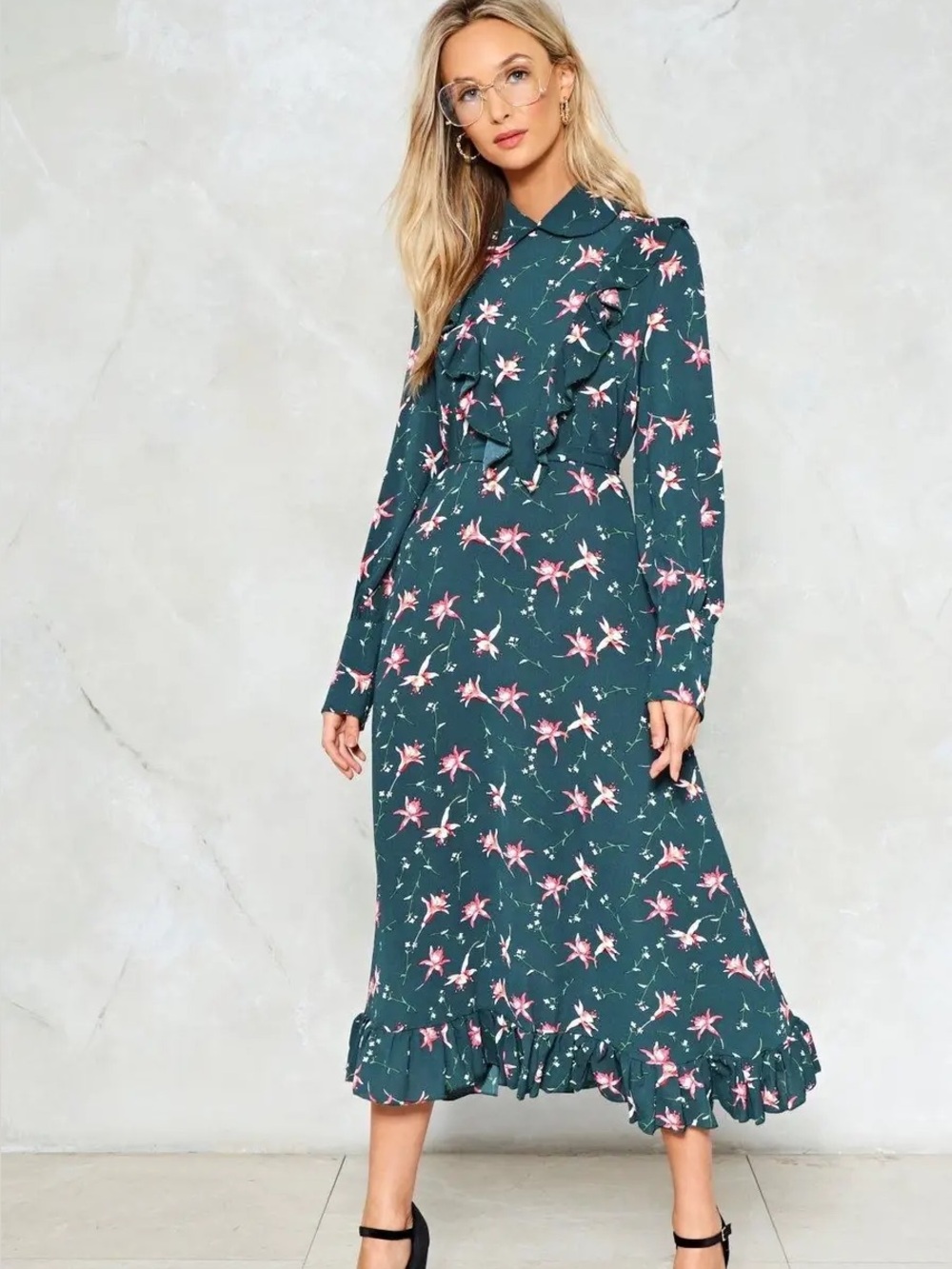 Nasty Gal Green Floral Ruffle Midi Dress Long Sleeve Small